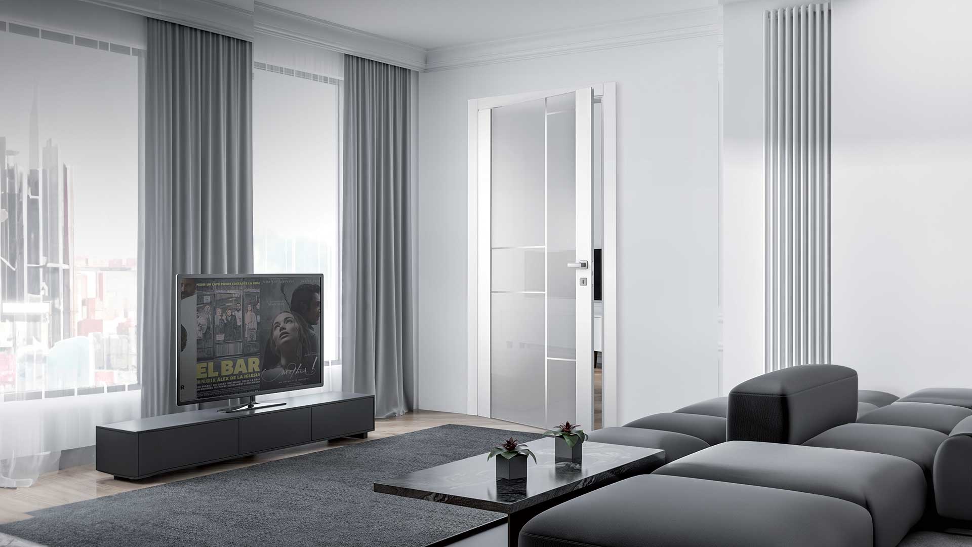 Anbientazione moderna e di design con porta della Collezione IVERA con vetro e lavorazione Mondrian della collezione IDOOR