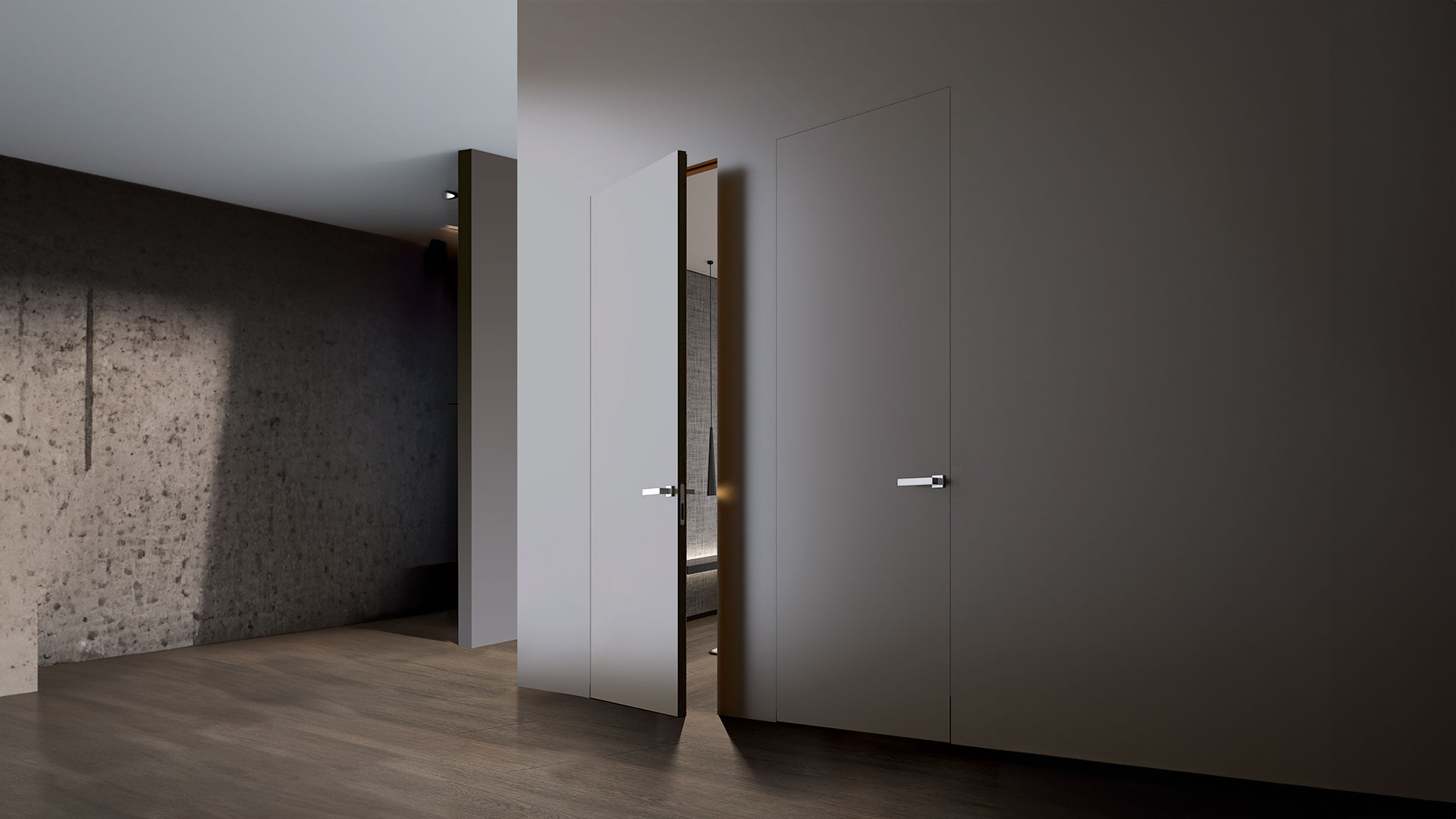 living moderno e minimal. Nel contesto sono presenti porte della collezione MAGIK con la stessa finitura della parete. La porta filo muro Magik fa parte del marchio IDOOR