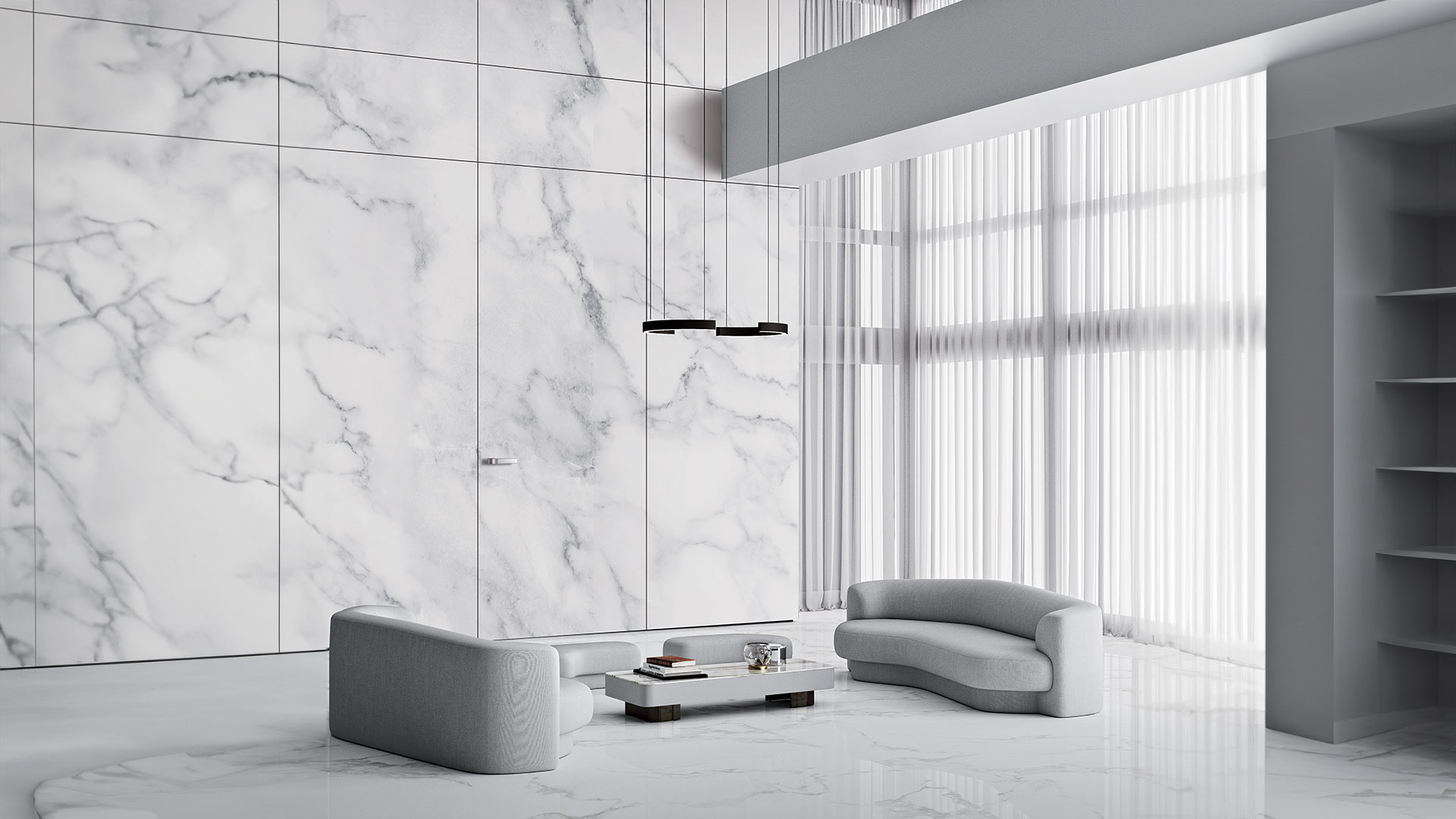 Ambientazione in stile moderno con boiserie della stessa texture della porta a finitura marmo collezione MAGIK del marchio IDOOR