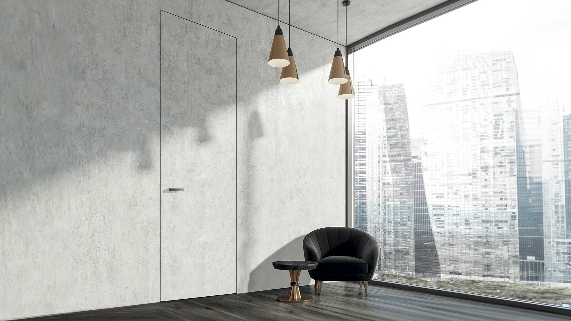 Living in stile moderno con immagine di porta a filo muro finitura Nebula della collezione porte MAGIK del marchio IDOOR