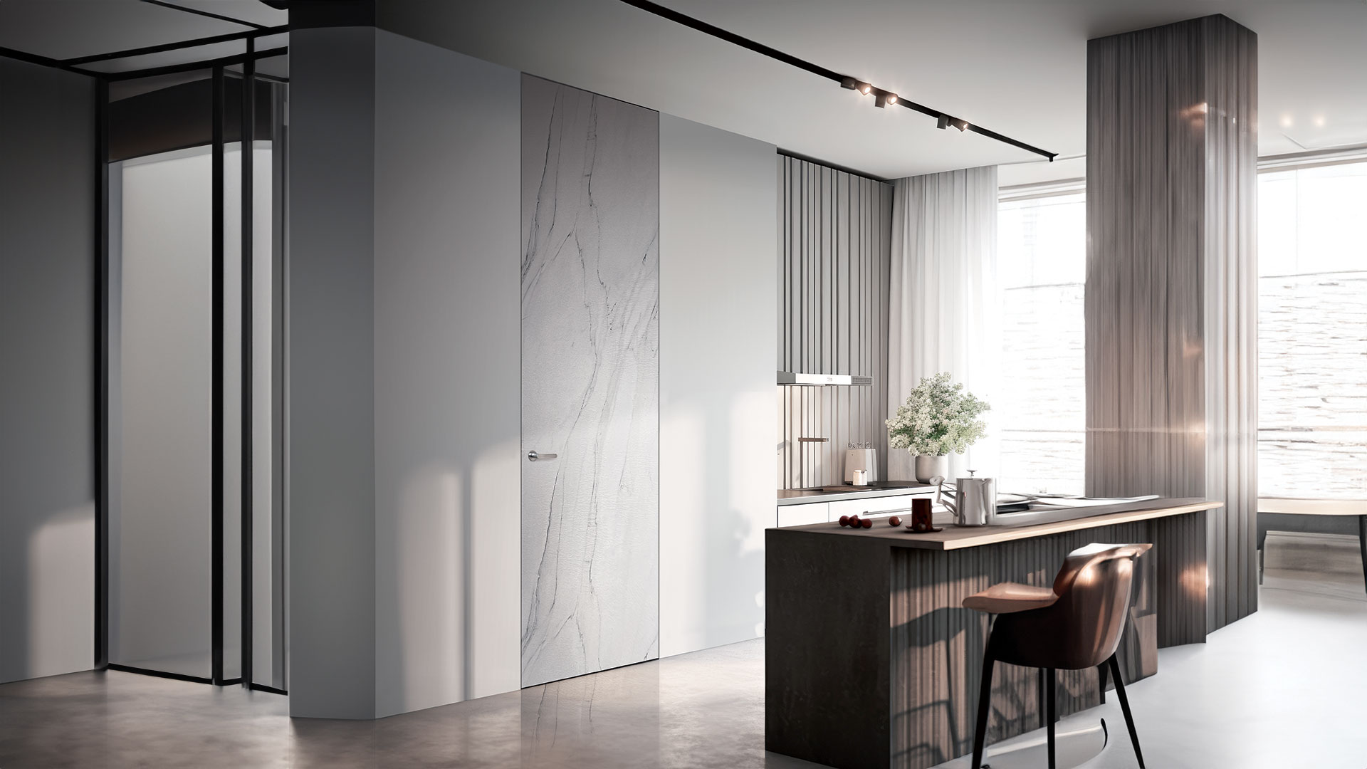 Ambientazione in stile moderno con immagine di porta a finitura marmo della collezione MAGIK del marchio IDOOR