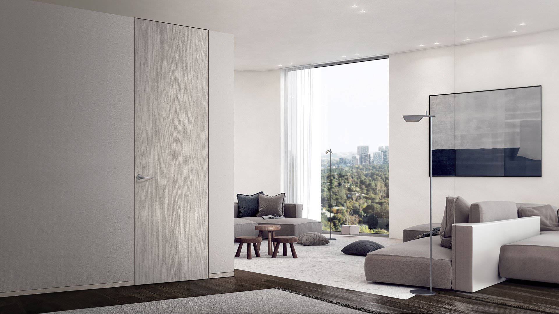 Ambientazione moderna con immagine di porta a finitura Leccio della collezione MAGIK del marchio IDOOR